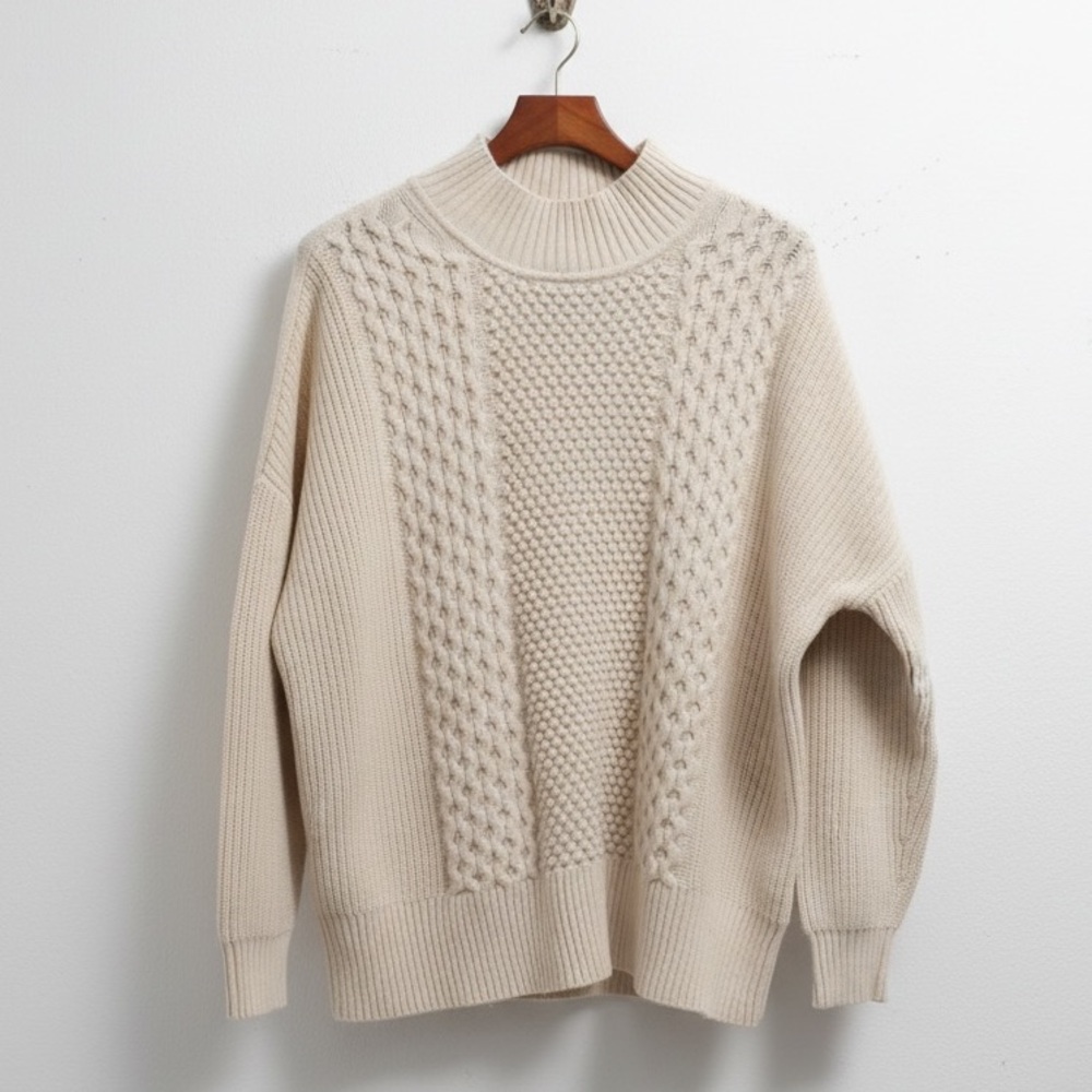 GAP Cream Mixed Stitch Cable Knit Mock Neck Oversized Sweater Textured Ivory L